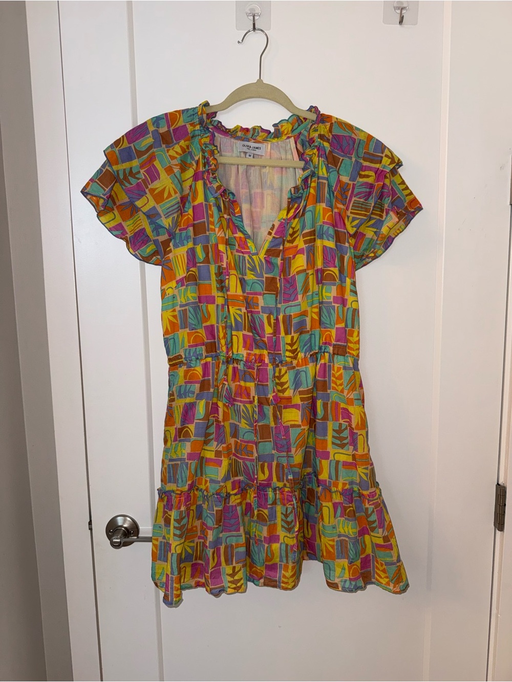 Olivia James the label Vibrant Multicolor Geometric Ruffle Mini Dress Size Medi